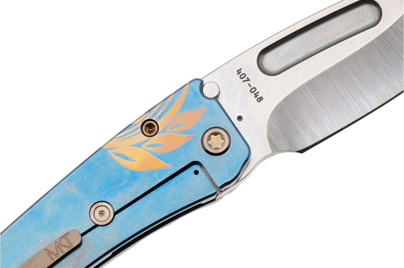 Medford Midi Marauder 25-MM-02, Tumbled S45VN Droppoint Blade, Blue Bronze Grooves Scallops, Laurel Leaf Filigree Handle, Bronze Hardware zakmes
