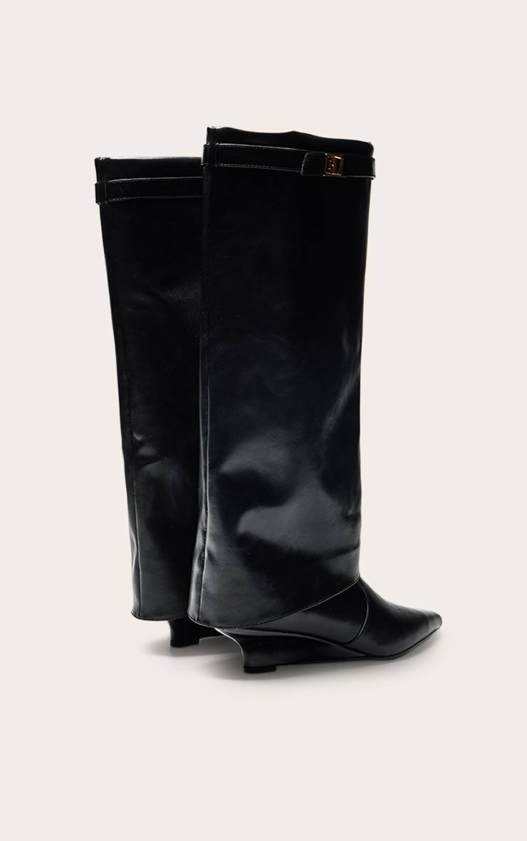 Noir Bottes Hautes À Talon Compensé Chaton En Synthétique Avec Revers Pliable