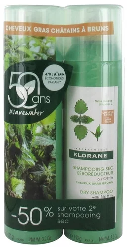Klorane - Shampoing sec séboréducteur à l'Ortie - Le teinté - Cheveux gras châtains à bruns - 2 x 150ml