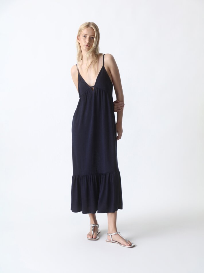 Vestido midi com alças finas e babado - Azul Marinho Escuro