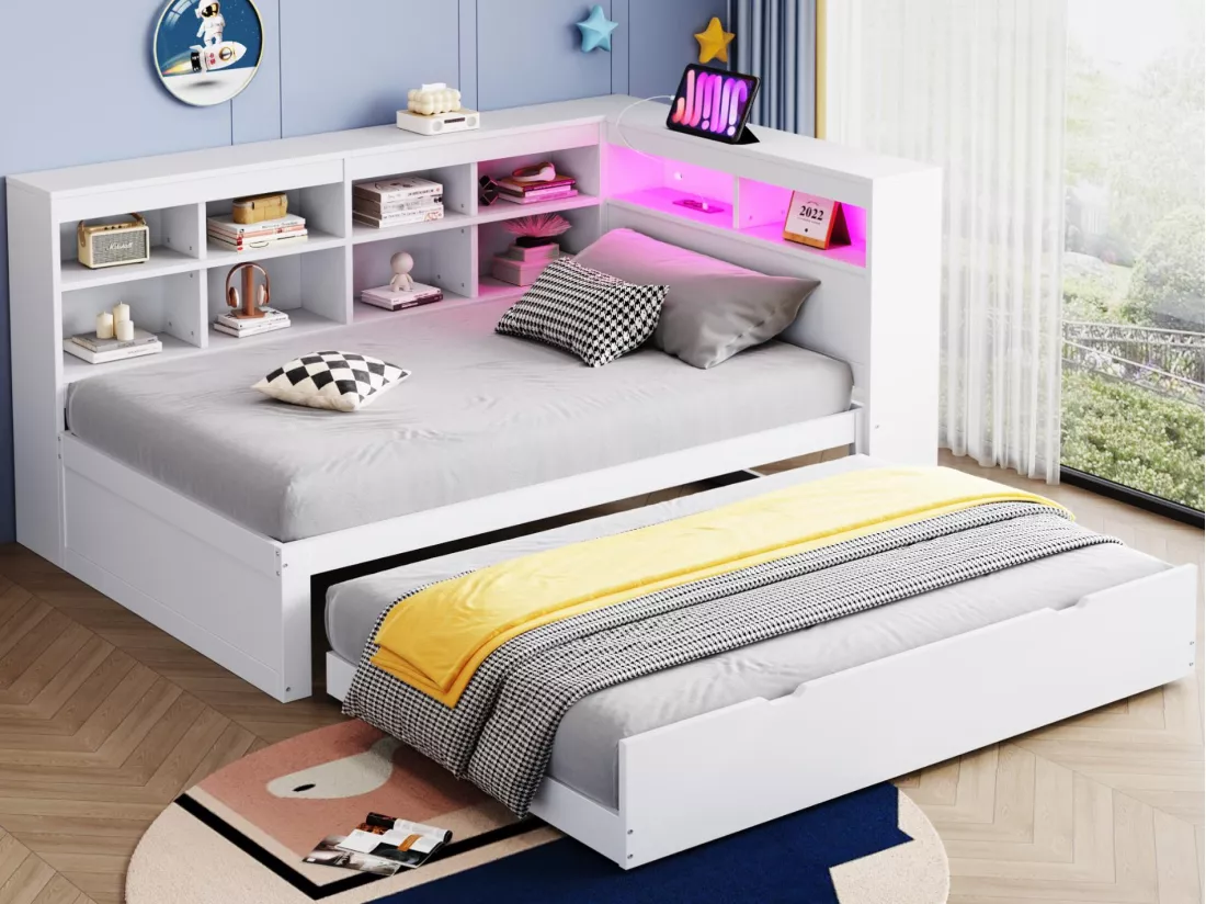 Canapé-lit en bois massif 90x200 cm - avec lit gigogne - avec prise USB + et éclairage LED - avec compartiment de rangement - blanc (sans matelas)