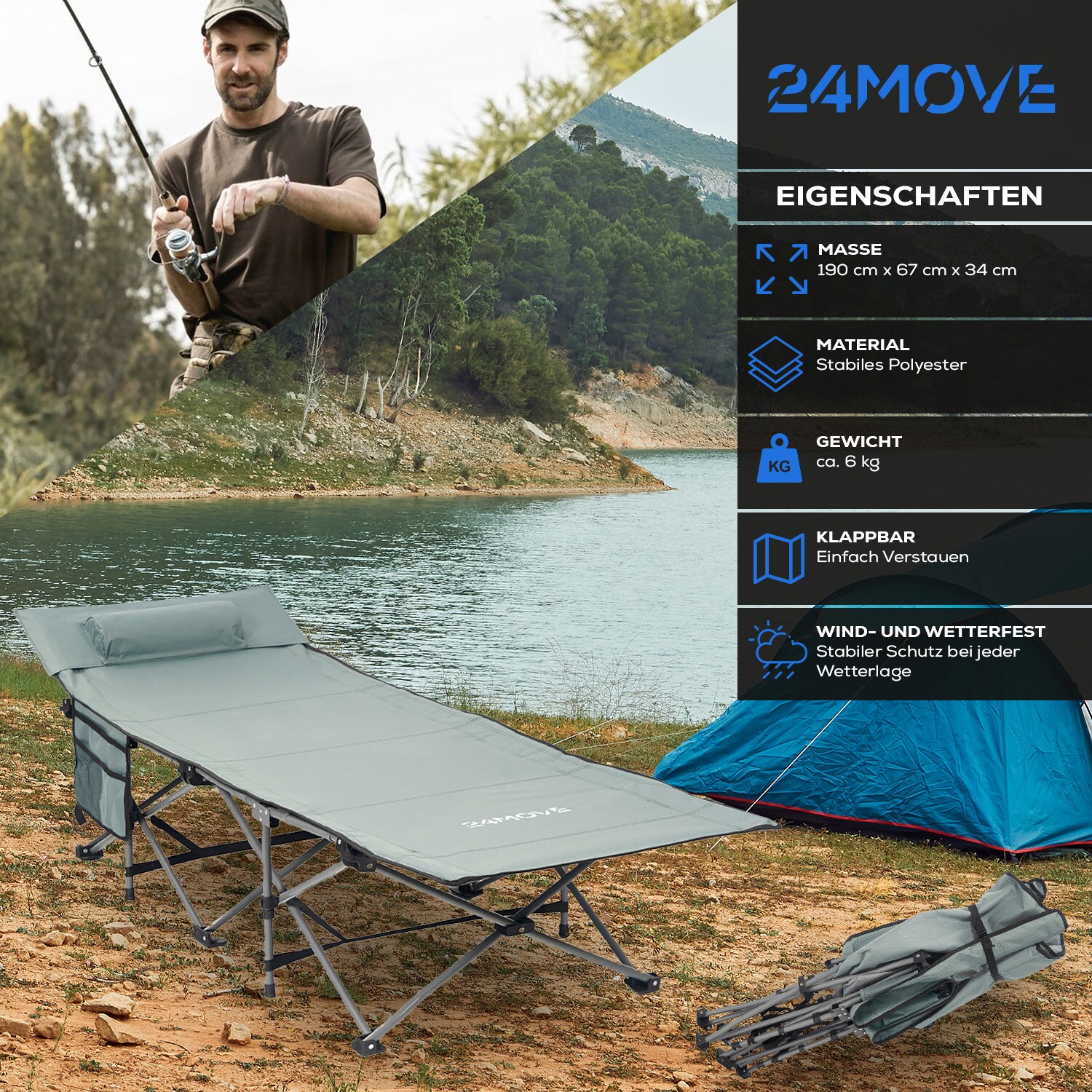 24MOVE® Feldbett Campingbett bis 150 kg In-und Outdoor Camping faltbar mit Seitentasche und Kissen