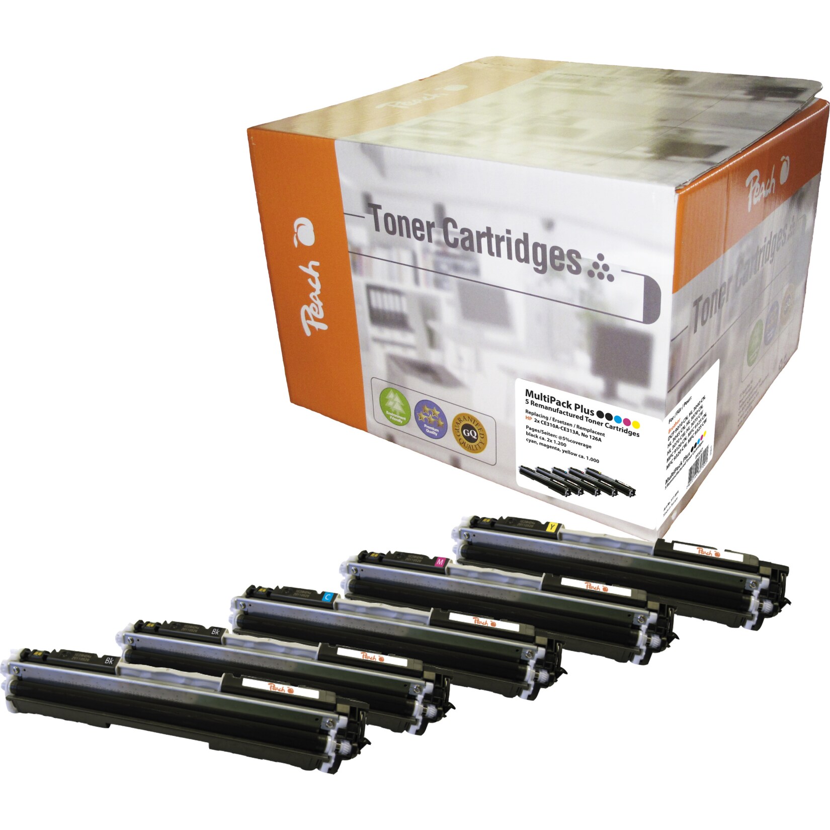 Peach HP 126 A 5 Toner (2*bk, c/m/y) ersetzt HP No. 126A, CE310A*2, CE311A, CE312A, CE313A für z.B. HP Color LaserJet Pro CP 1000 (wiederaufbereitet)
