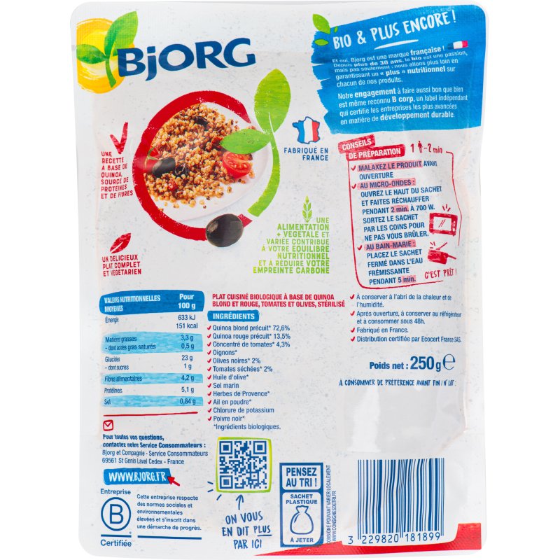 Plat cuisiné quinoa tomates olives bio Bjorg - Sachet de 250 g