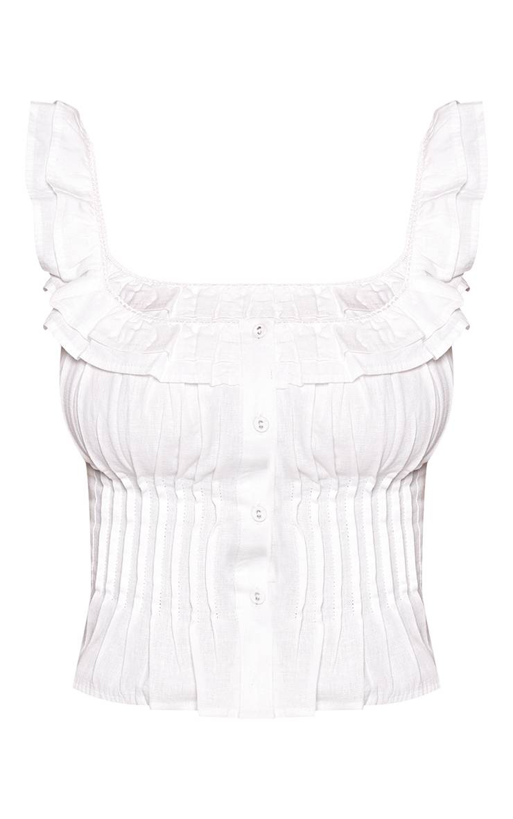 Blanc Top Plissé En Coton À Col Carré À Volants