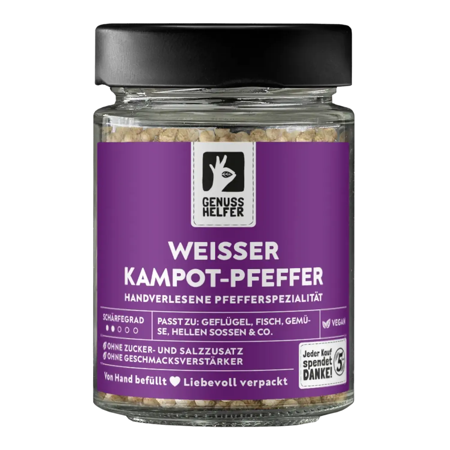 Kampot Pfeffer weiß, ganz, im Glas