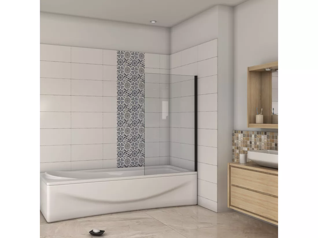 AICA Pare-baignoire fixé 70x130cm,paroi fixée,5mm verre anticalcaire,noir mat style industriel et simplicité