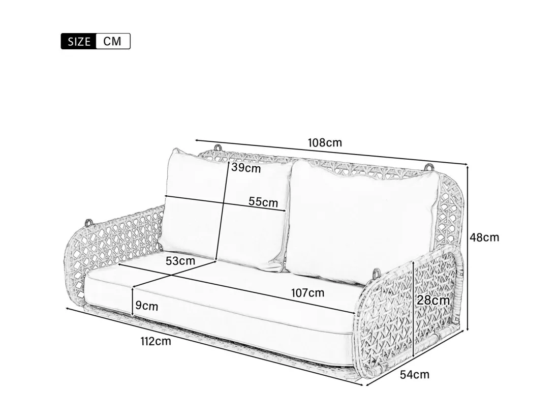 Balancelle de jardin avec coussin 9cm, avec oreillers et 2x240cm chaînes, 2 places, Charge 320kg