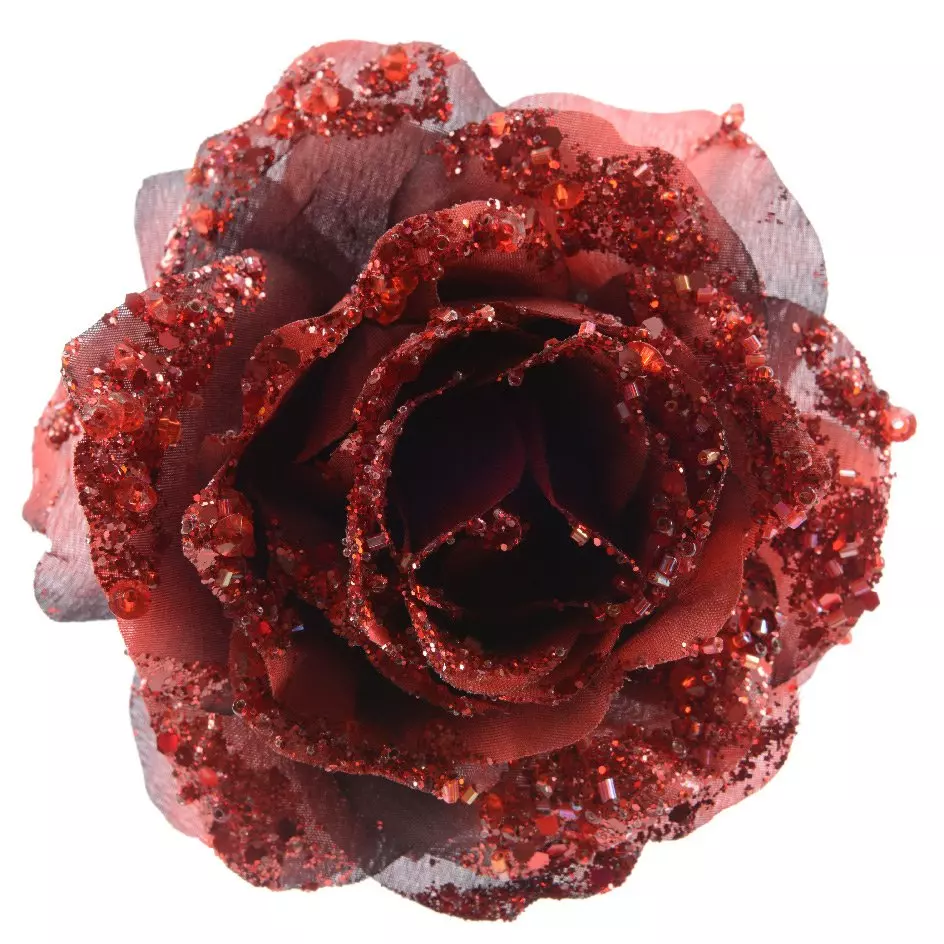Fleur décorative sur pince (D8,5 cm) pailletée Bordeaux