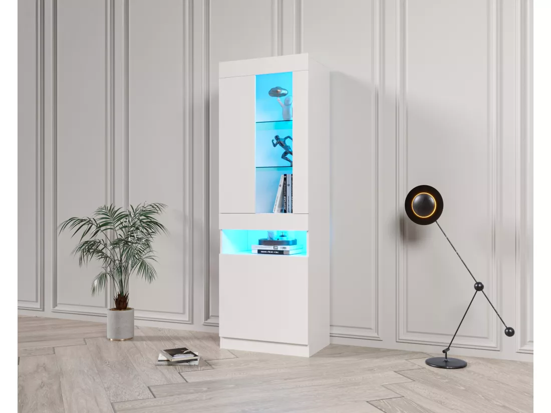 Vitrine 2 porte 1 niche - LEDs - Panneaux de particules - H 180 cm - Blanc