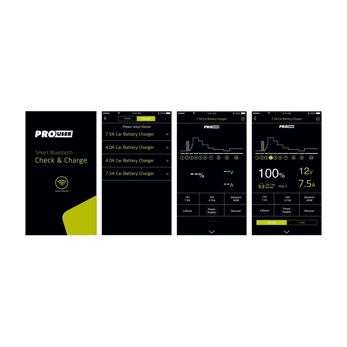 PROUSER Elektronisk Batterilader 12V/24V 7,5A m/ Bluetooth