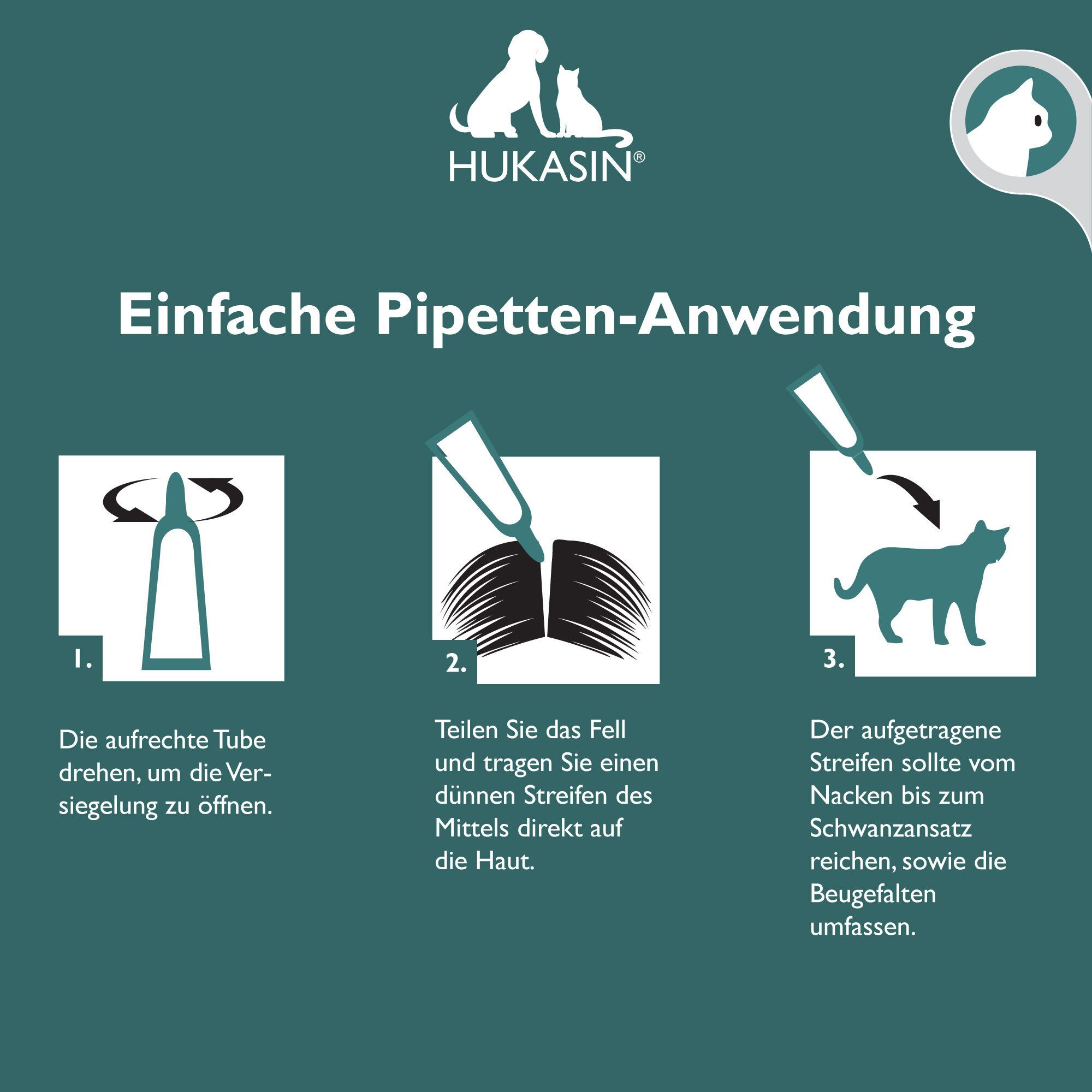 Hukasin® Spot On Katze - Zecken- und Floh Schutz - langanhaltender Zeckenschutz & Flohmittel für Katzen bis zu 12 Wochen, für die Gesundheit Ihrer Katze