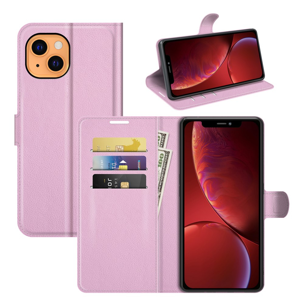 iPhone 13 Leder Tasche Flip Cover Litchi Look - Rosa