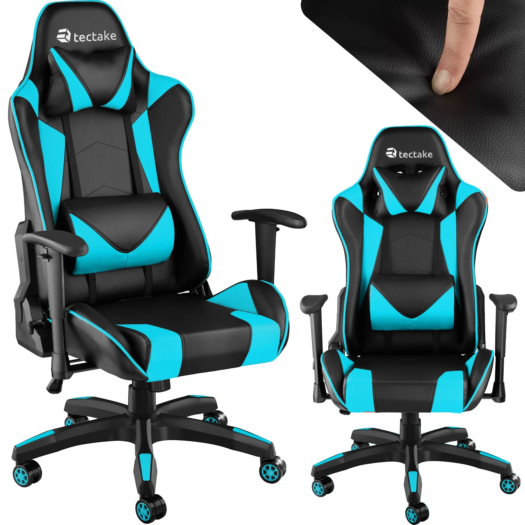 tectake® Racing Gaming Stuhl, ergonomische Form, mit verstellbarer Rückenlehne, Kunstlederbezug, abnehmbares Nacken- und Lendenkissen, Belastbarkeit 120 kg