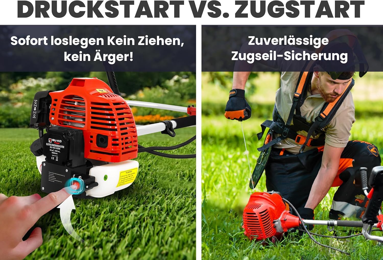 BU-KO 52cc Benzin-Rasentrimmer Garten Multitool - Elektrischer Druckknopf & Zugschnurstart | 3-in-1 Freischneider, Rasentrimmer & Stahldraht Unkrautschneider | Schwerlast, Leistungsstarker 3HP Motor