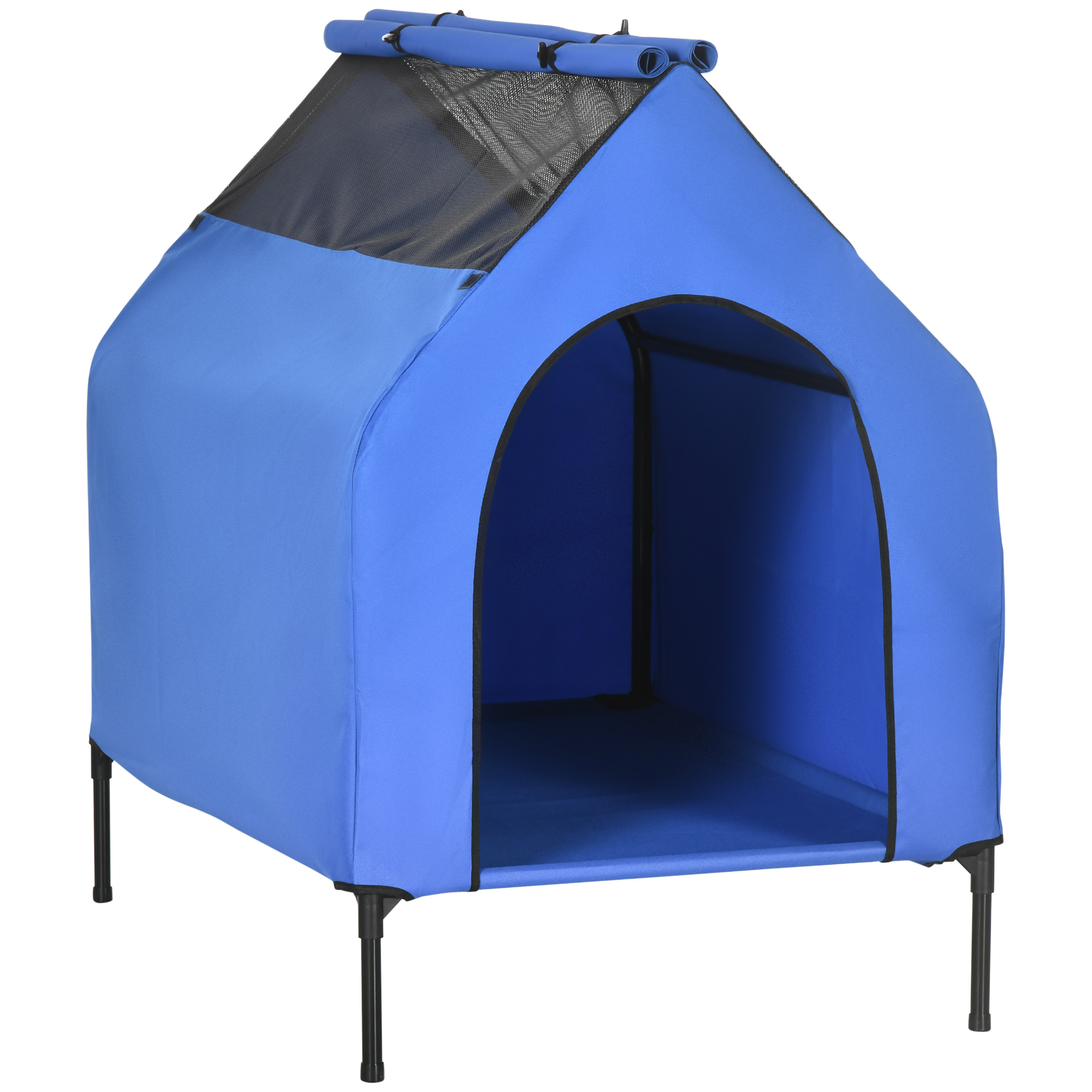 Casinha para cães PawHut, 110x76x110 cm, cama elevada para animais de estimação com capa removível e janelas de tela para cães de grande e extra grande porte, azul.