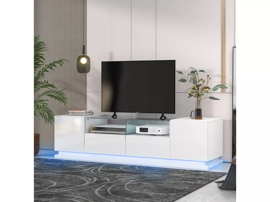 Meuble TV brillant 165x38x43cm, avec étagères en verre, 2 tiroirs et deux portes, LED, BLANC