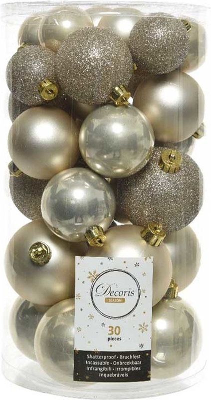 Decoris Kerstballen Set 30-delig | Kunststof/onbreekbaar | Parel | 6cm | Ideaal voor kinderen en huisdieren