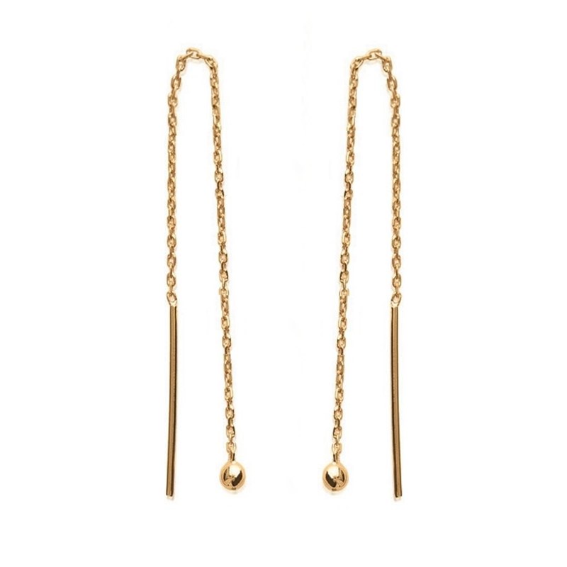 Boucles d'oreilles traversantes chaînes boule tombante Plaqué or 750 3 microns