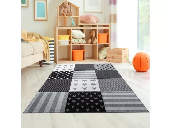 Tapis enfant 240x340 tissé gris motif géométrique FLAG START