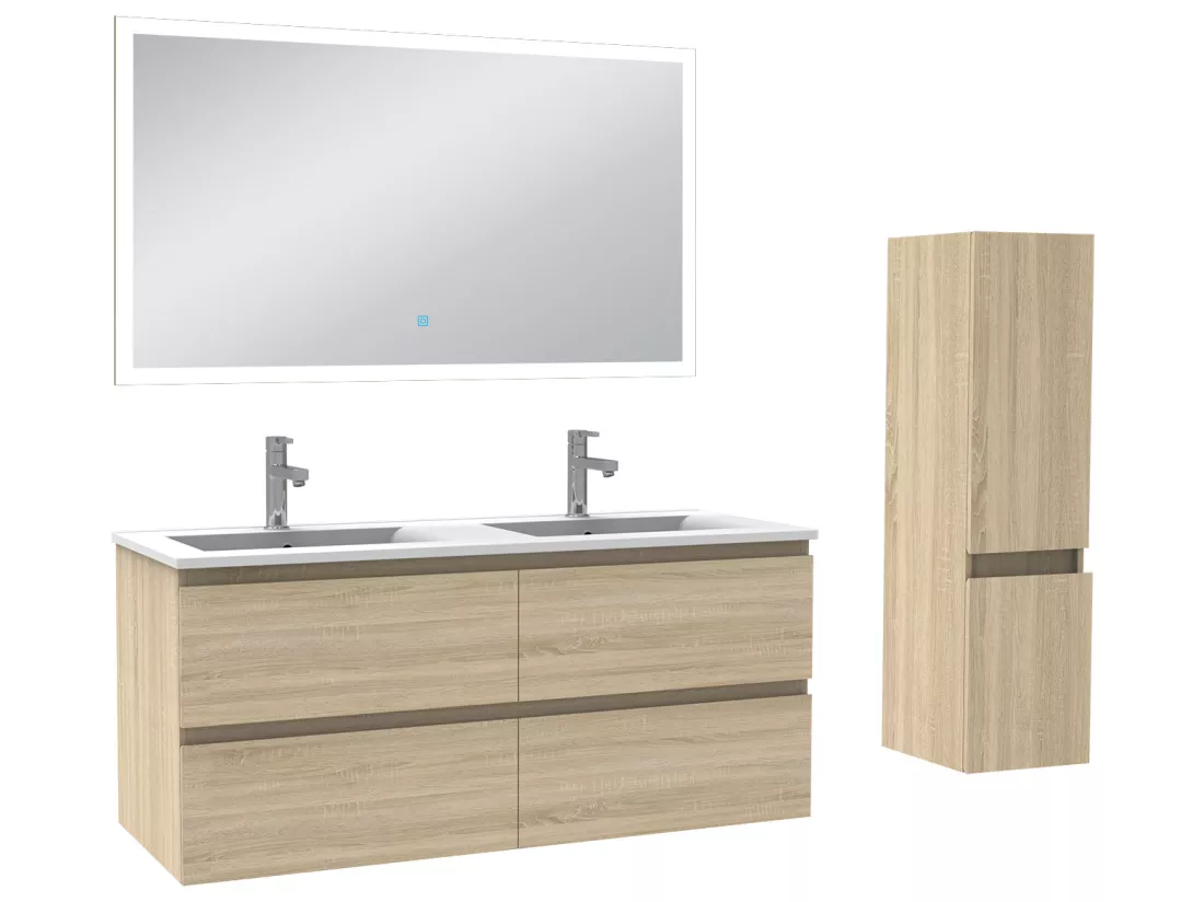 Meuble Salle de Bain 120cm vasque + colonne + miroir lumineux Chêne Wotan - Aica