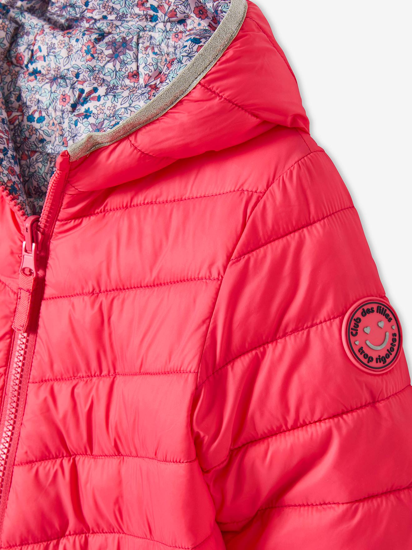 Jaqueta reversível leve com capuz para meninas, estampa rosa vibrante.