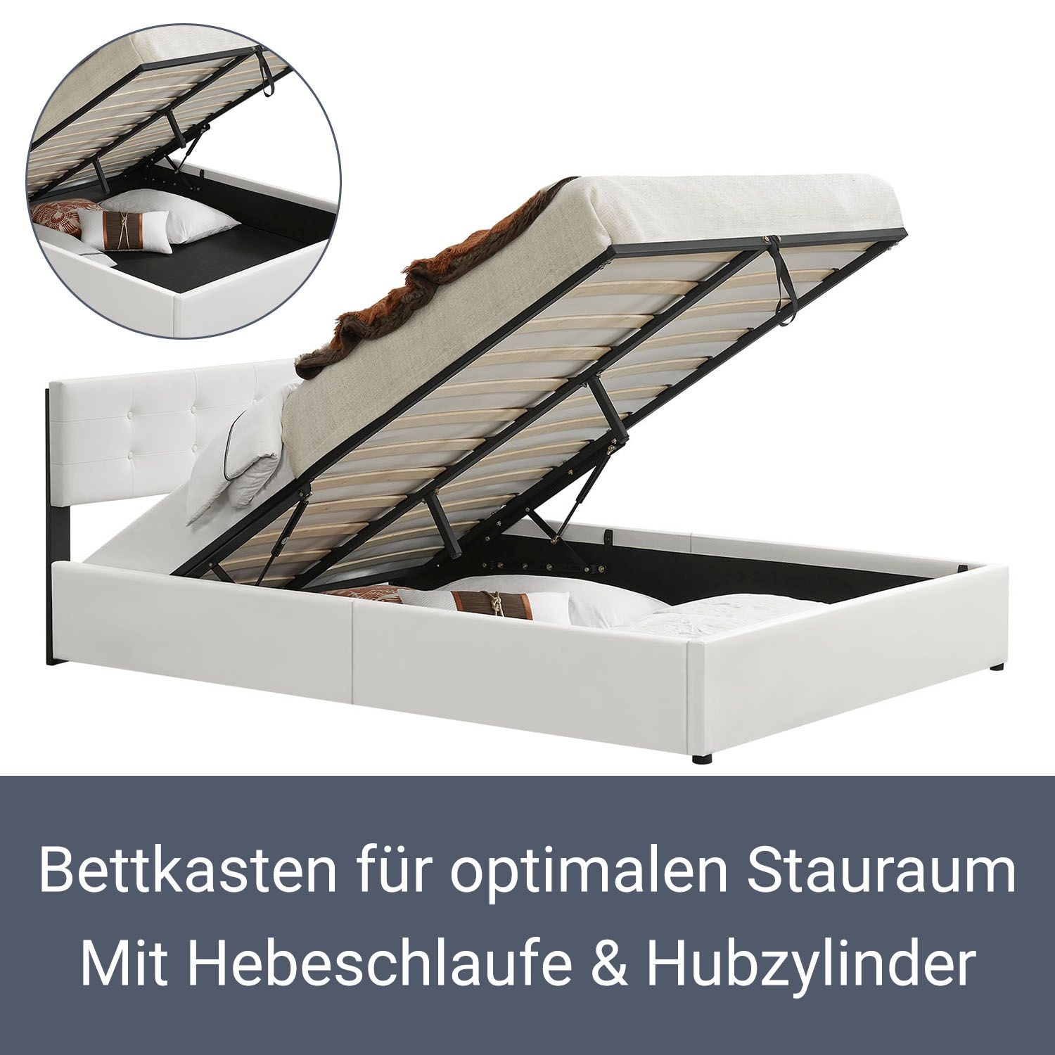 Juskys Polsterbett Marbella 140x200 cm weiß mit Bettkasten & Lattenrost – Bett mit Holzgestell