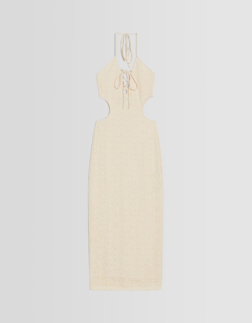 Vestido midi rústico sem mangas com amarração