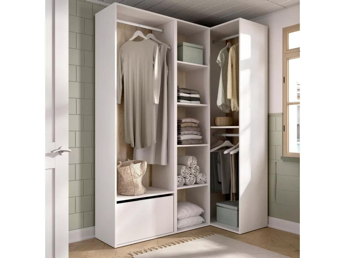 Grande Garde-robe Dbhati, Meubles de chambre, Penderie de plain-pied, Placard à vêtements, 145x85 h205 cm, Blanc et Chêne clair