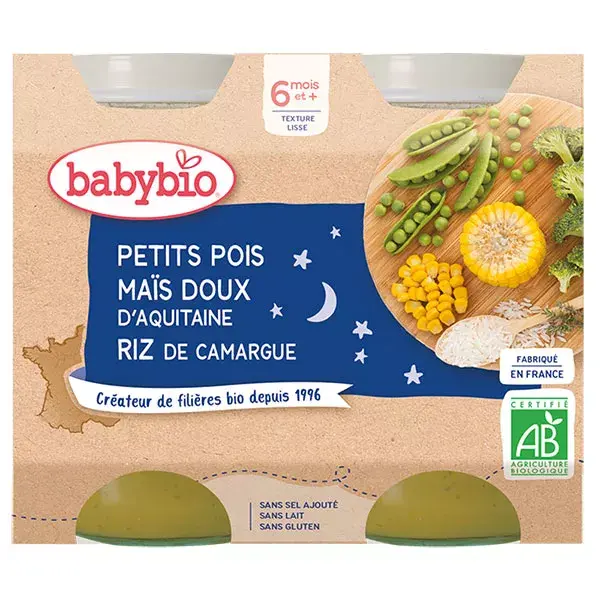 Babybio Repas Soir Pot Petits Pois Maïs Riz +6m Bio 2 x 200g