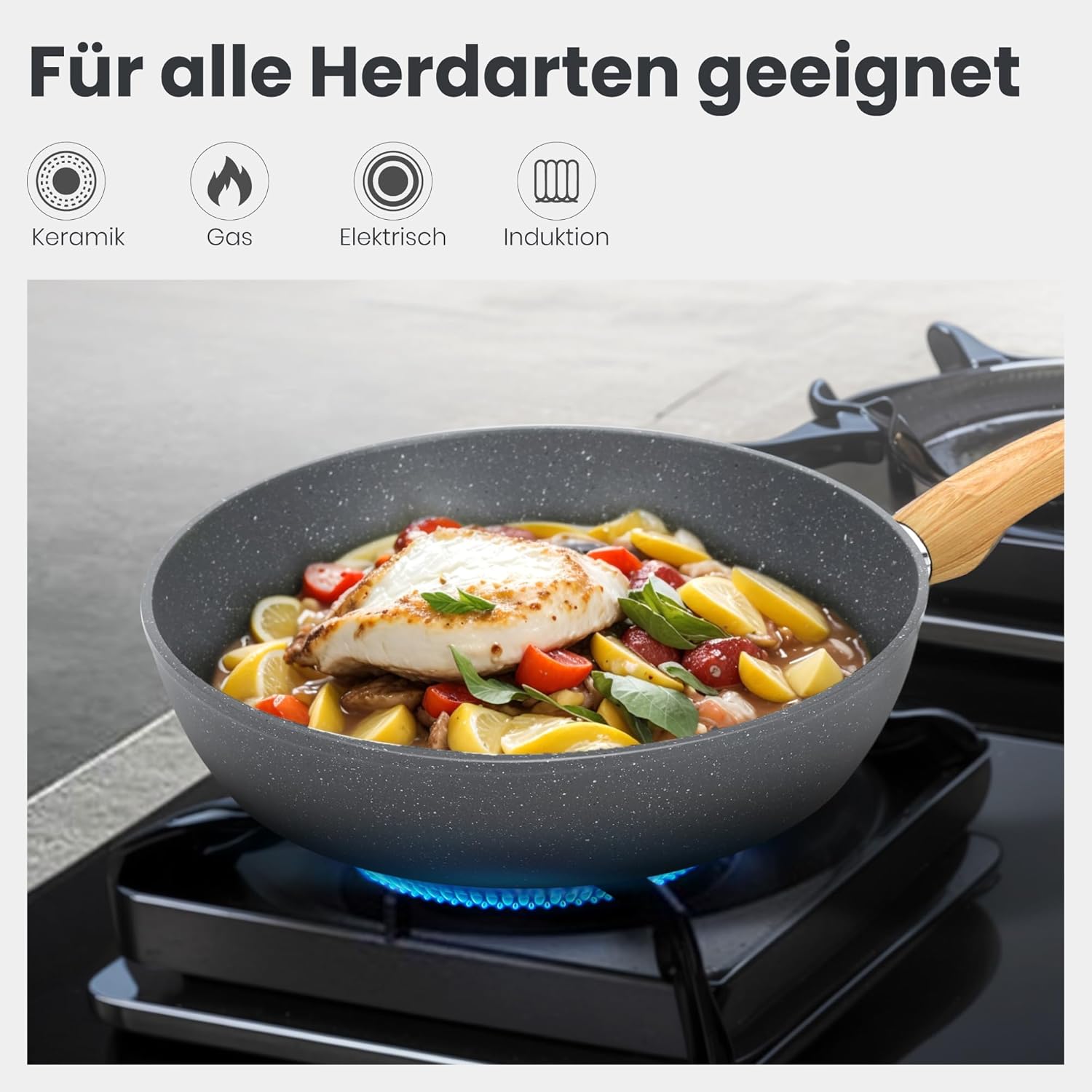 DishDelight Topfset Beschichteter Topf Induktion Töpfe Set Pfannenset 12-teilige Granit Antihaft Töpfe und Pfannen Cookware Kochtopf Bratpfanne mit Glasdeckeln