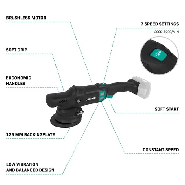 VONROC Polermaskine 20V | PRO | Ø125mm | Dual Action | 7 Hastigheder | Børsteløs Motor | Inkl. 4.0Ah Akku og oplader