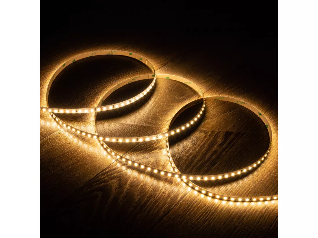 Ruban LED 24V DC SMD2835 120 LED/m 5m IP20 High Lumen 2000 lm/m Largeur 8 mm Coupe tous les 5 cm 2700K Blanc chaud
