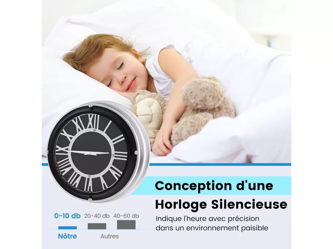 Horloge murale silencieuse de 34,5 cm, horloge ronde pour chambre bureau salon,noir+argent