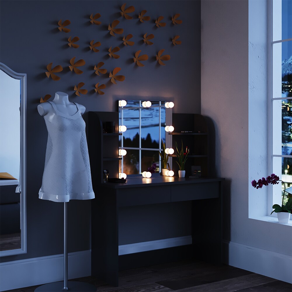 Vicco Schminktisch Charlotte Frisiertisch Kommode Frisierkommode Spiegel Schwarz inklusive LED-Lichterkette