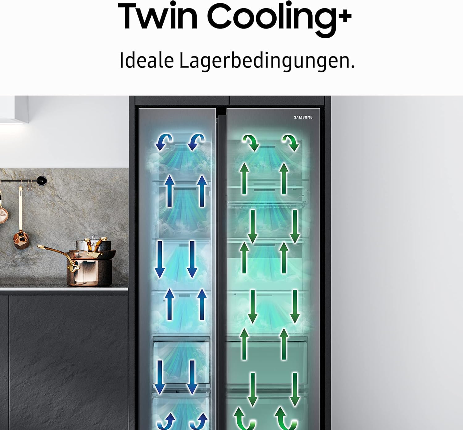 French-Door-Kühlschrank mit Gefrierfach, 179 cm, 488 l, Twin Cooling+, Power Cool & Power Freeze, Twist Ice Maker, Edelstahl Look, RF48A400EM9/EG