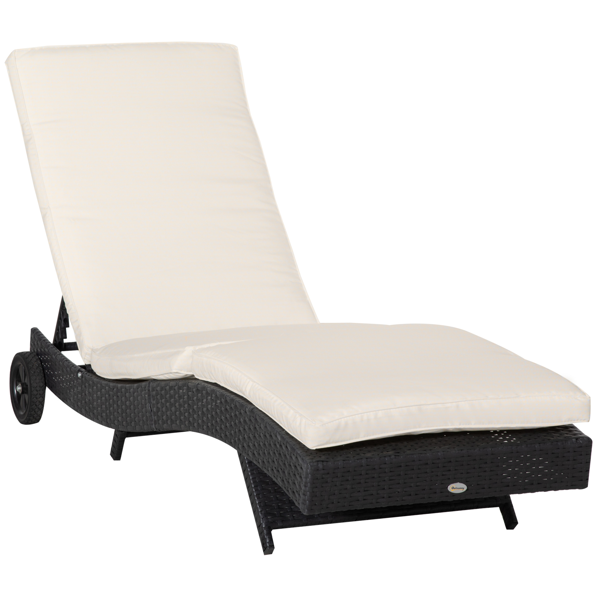 Espreguiçadeira reclinável Outsunny em rattan, formato em S, com 2 rodas, encosto ajustável em 5 posições e almofada removível para varanda/terraço, 207x70x70 cm, preta e creme.