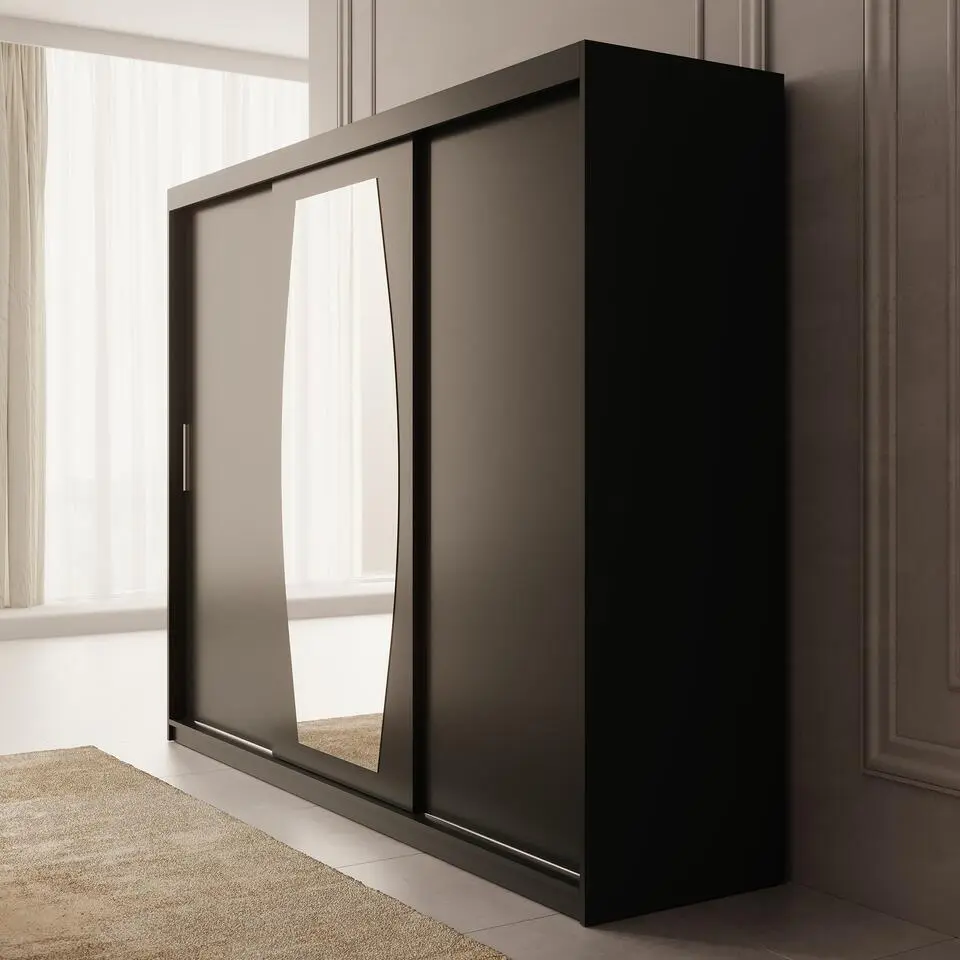 Meubella - Kledingkast Azai - Zwart - 250 cm - Met spiegel