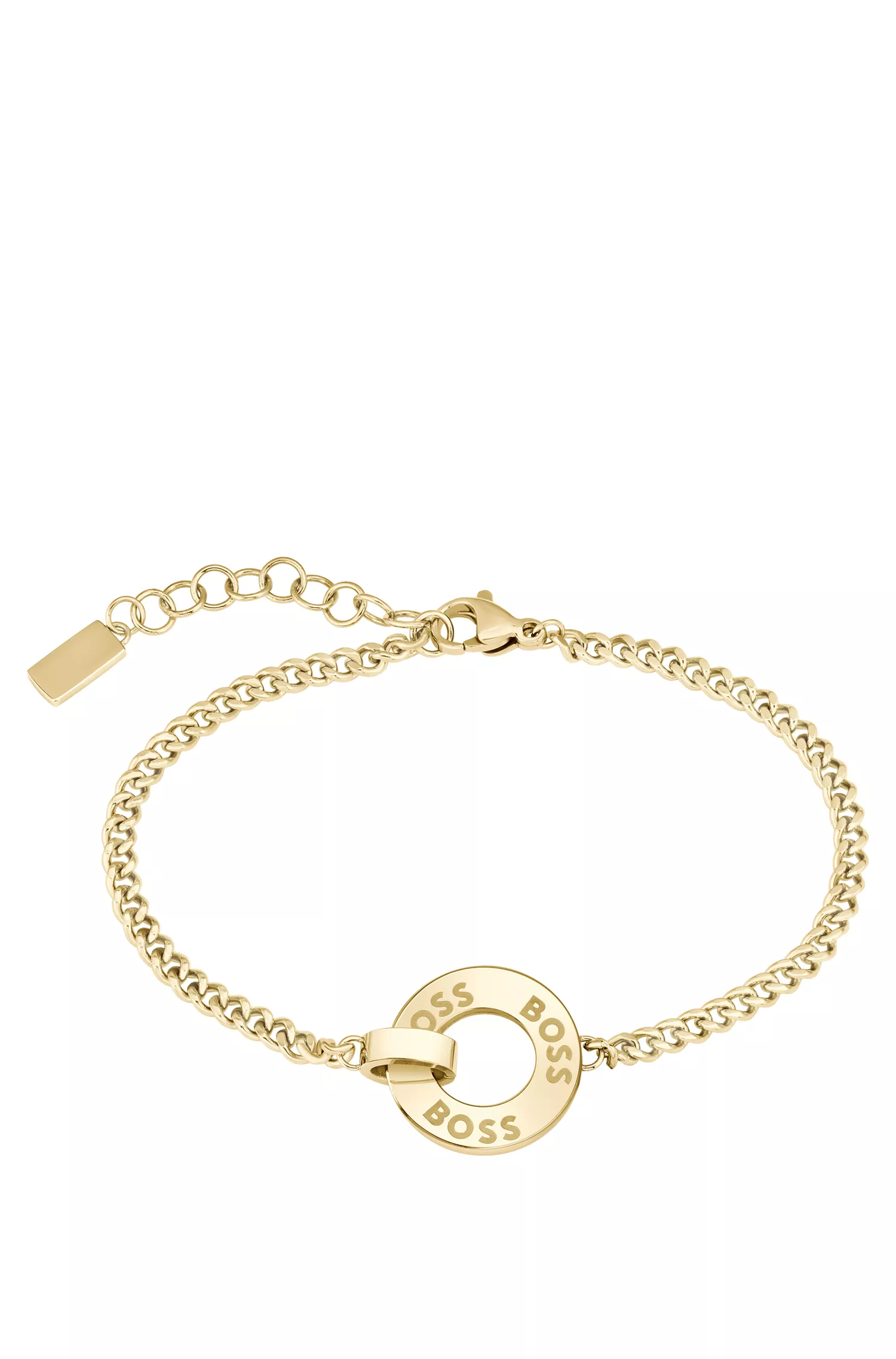 Pulseira BOSS em tons de preto e dourado com anel cravejado de cristais.