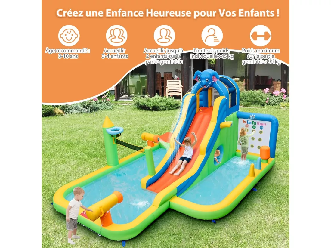 9 en 1 Château Gonflable en Forme Éléphant avec Toboggan & Mur d'escalade, Aire de Jeux Gonflable avec Piscine à Balles, Charge 90kg pour 3-4 Enfants de 3-10 Ans, 378x469x250CM