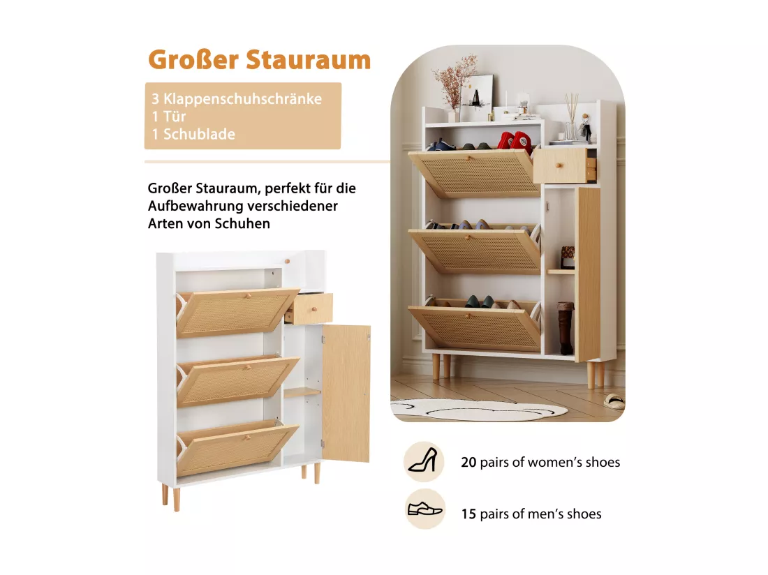 Meuble à chaussures 3 portes abattants et 1 tiroir dim. 90L x 17L x 125H cm aspect bois effet cannage rotin coloris blanc + chêne