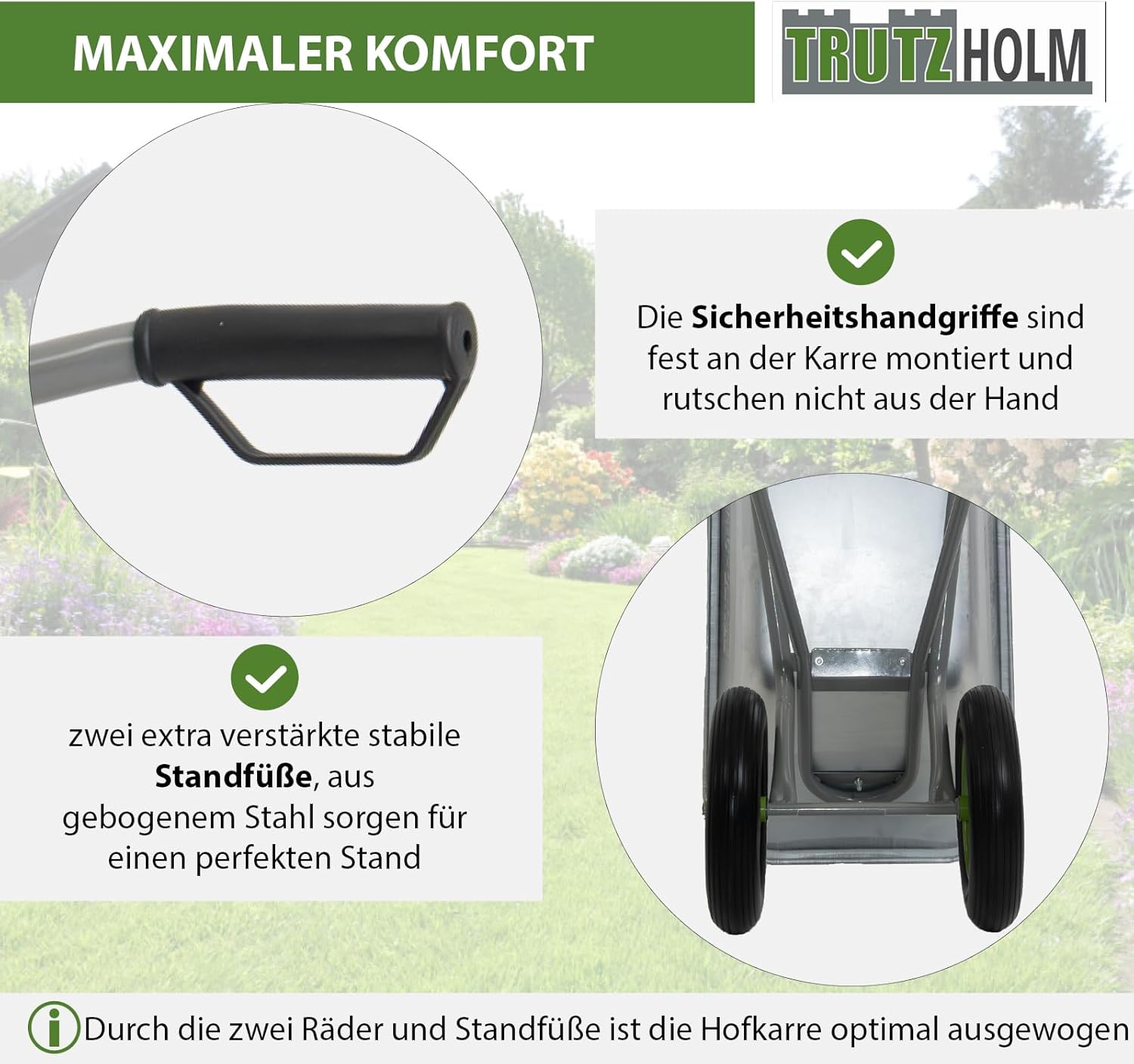 TRUTZHOLM 2-Rad Schubkarre 150L 150kg | stabile Gartenkarre Baukarre kippsicher | verzinkte Wanne | pannensichere PU-Räder | pulverbeschichteter Stahlrahmen | Sicherheitsgriffe | Zweirad