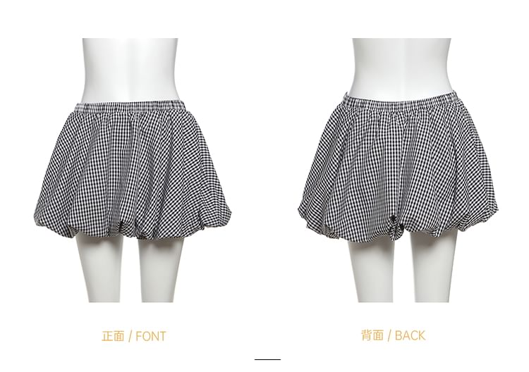 Bababy - Strapless asymmetrische crop top met effen rand / geruite mini A-lijn rok / set