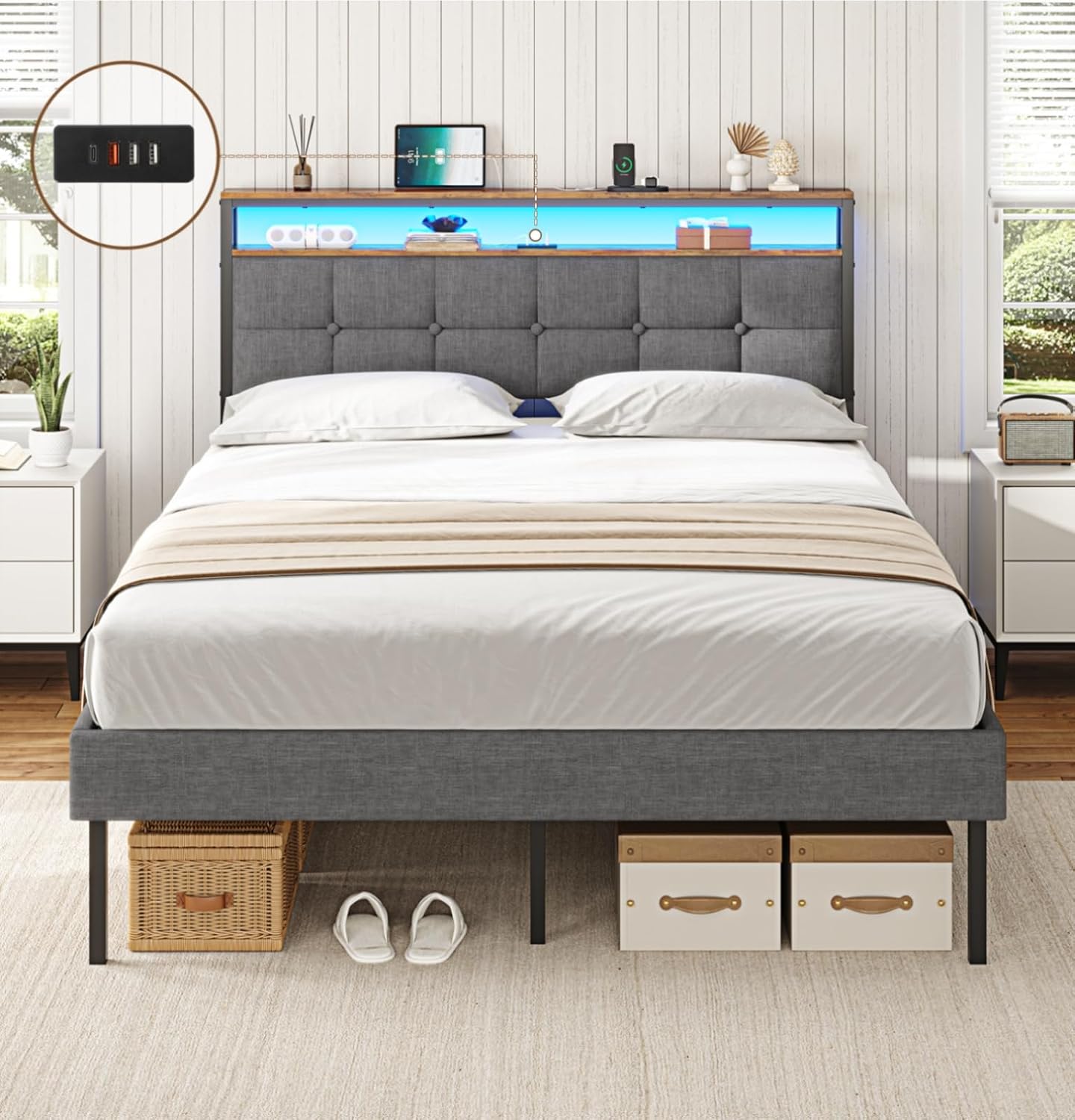 AOGLLATI Polsterbett 140x200 mit Lattenrost aus Metall Bettgestell mit LED-Beleuchtung und Steckdosen Bett mit Stauraum MetallBett mit Kopfteil Doppelbett Bettrahmen mit USB-Anschlüssen TF9528761