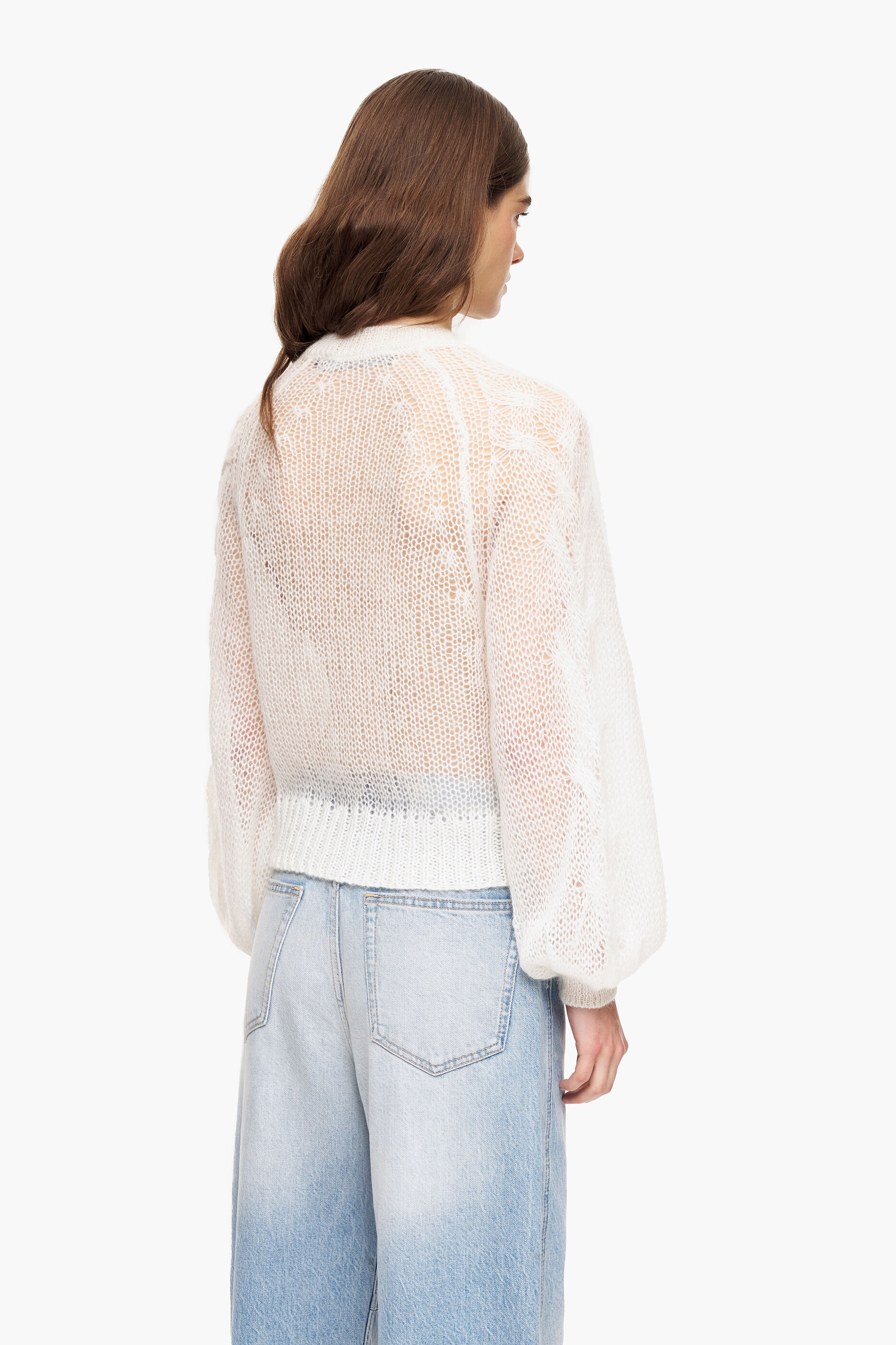 Cardigã de mohair cru com trama vazada
