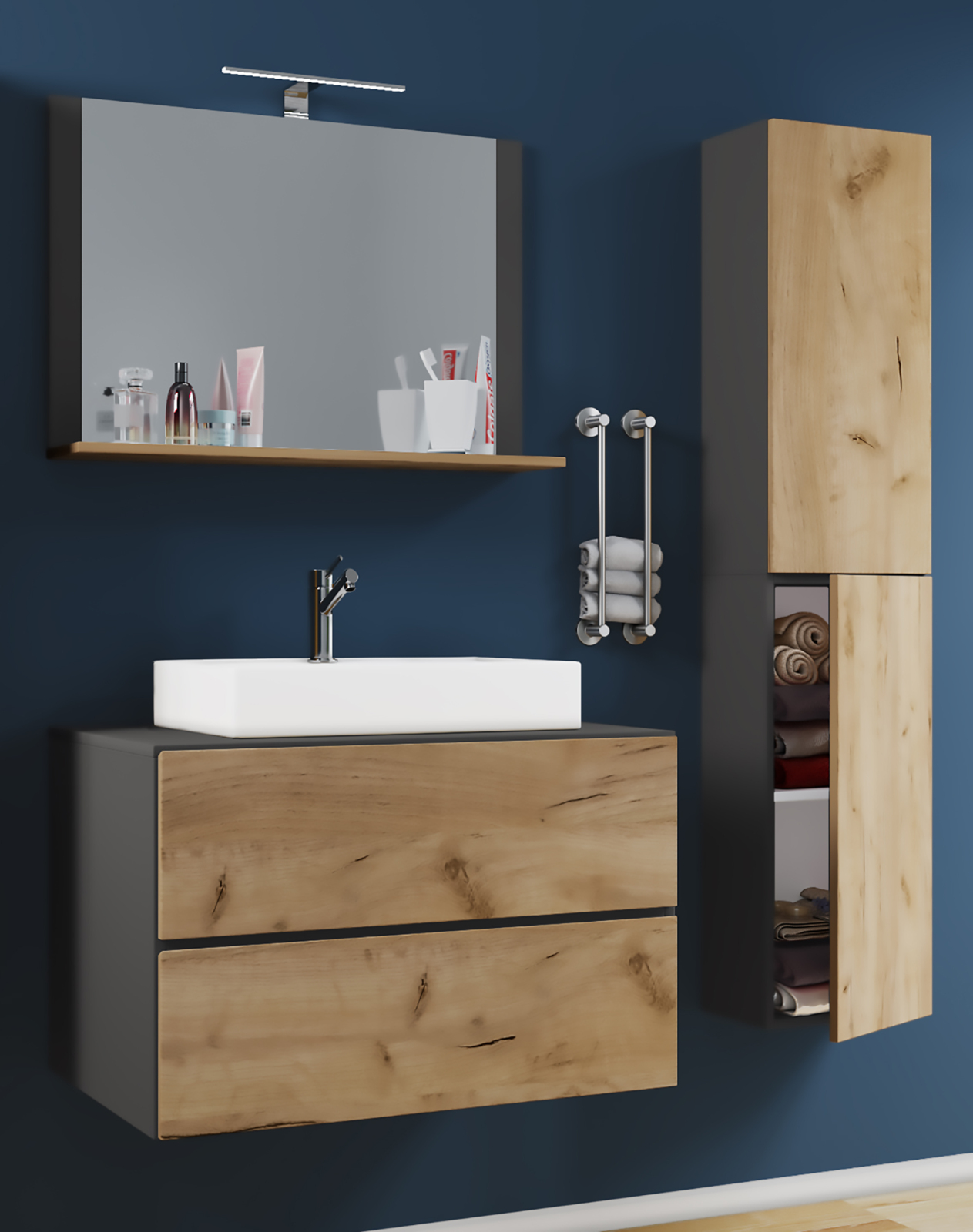 4-teiliges Badmöbel-Set LENDAS L - anthrazit - Honig Eiche - mit Hochschrank - 94 cm