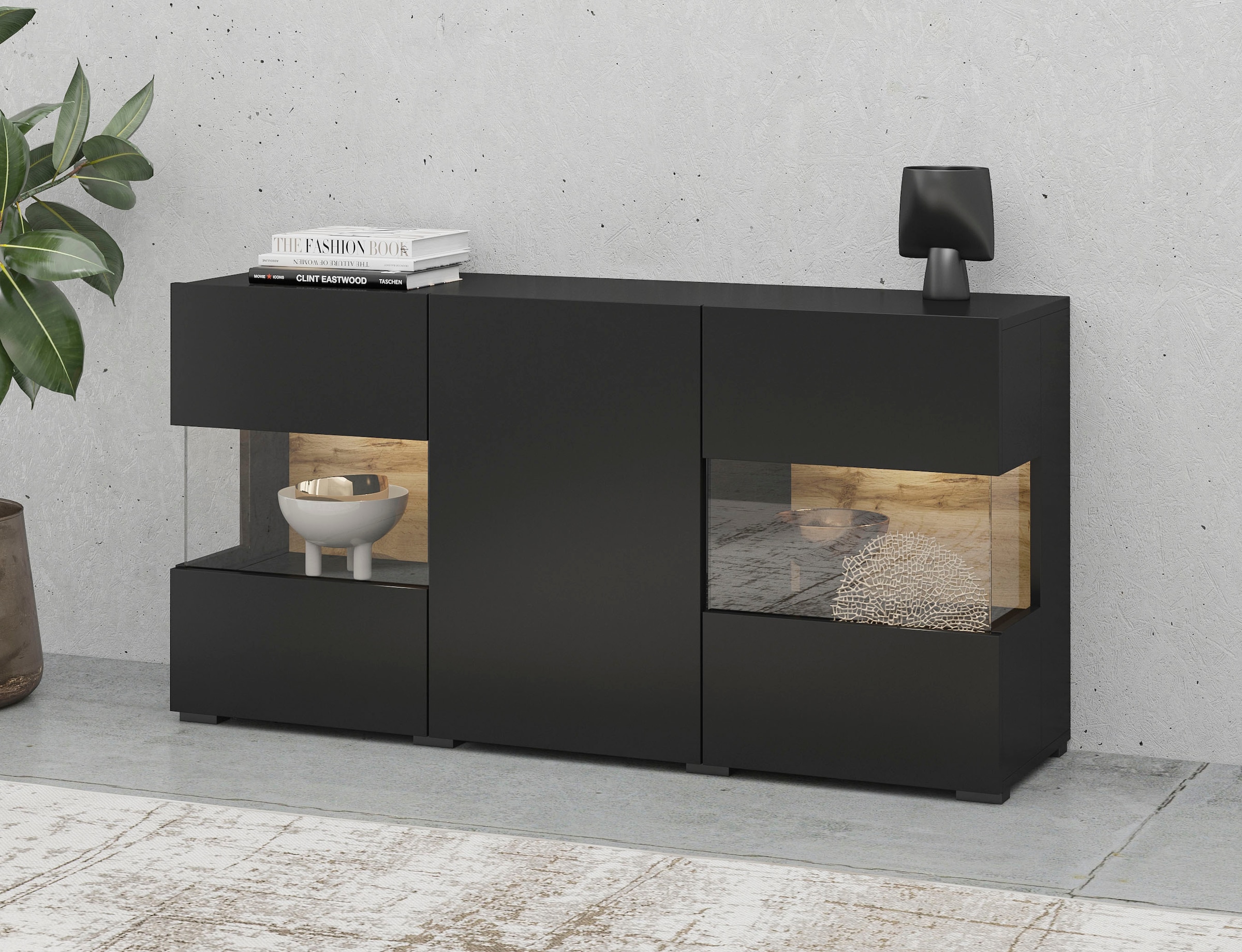 INOSIGN Sideboard »Ava, Breite 120 cm, hängend und stehend montierbar« moderne grifflose Kommode, Anrichte, 3Türen, Eckverglasung