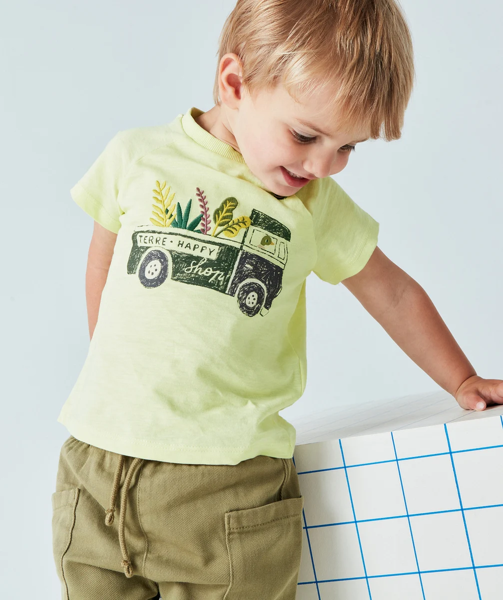 T-SHIRT BÉBÉ GARÇON EN COTON BIO VERT AVEC MOTIF CAMION