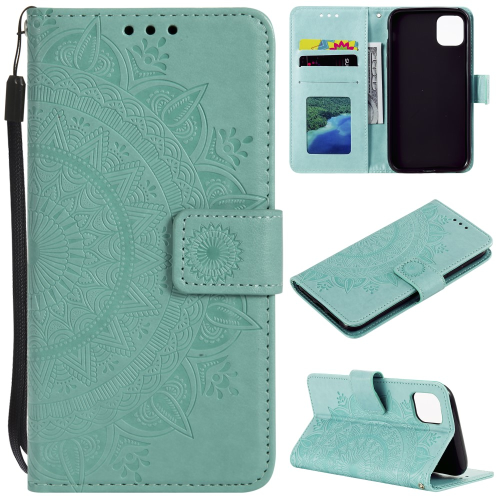 iPhone 13 Pro Leder Tasche Wallet - Mandala Flowers Imprint - Türkis