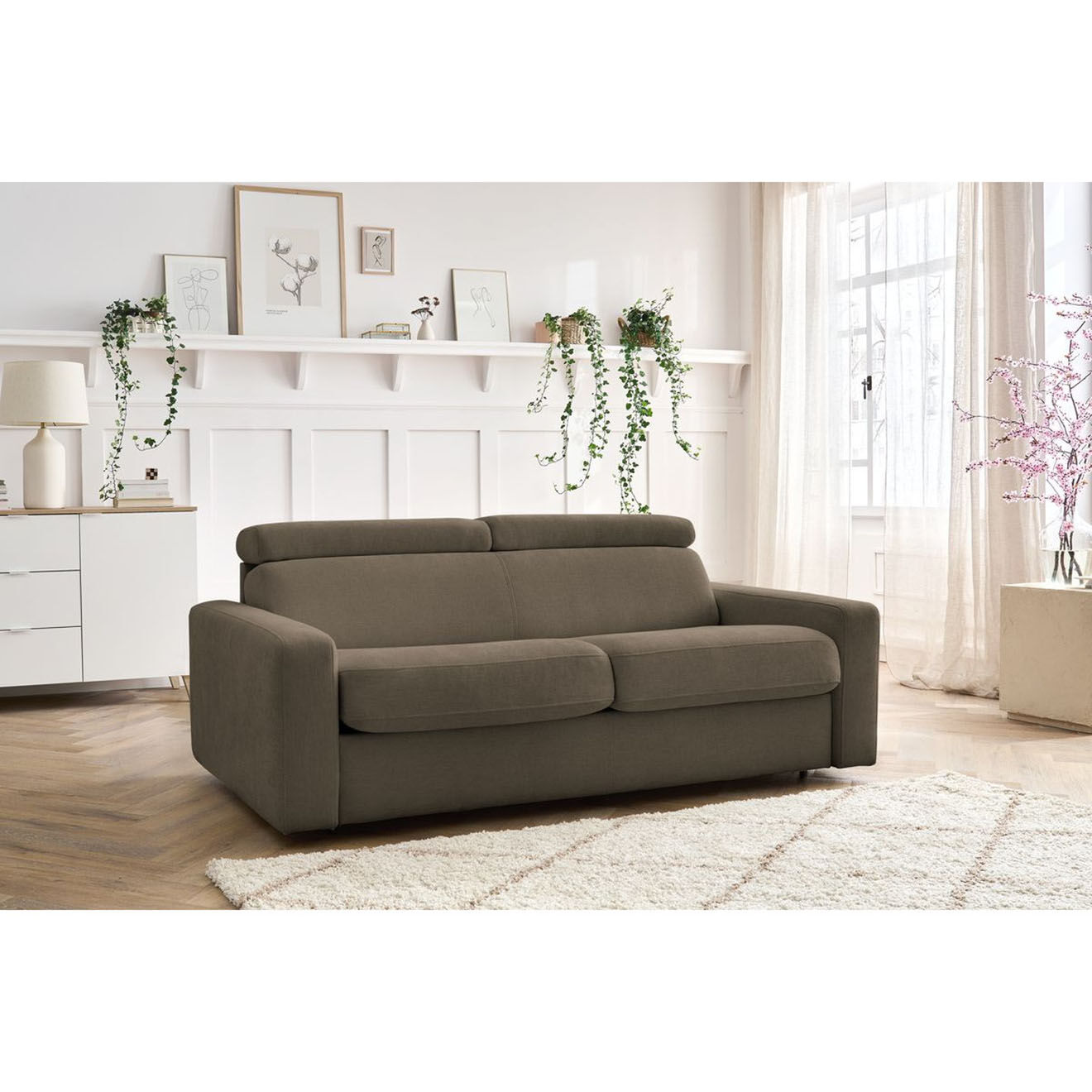 Bobochic Canapé convertible monaco ouverture express tissu lisse marron - 195x99 cm